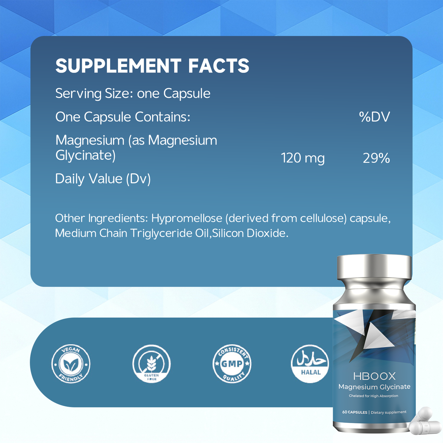 HBOOX Magnesium Glycinate 60 Capsules - High Absorption Chelated Magnesium for Sleep, Muscle Recovery & Stress Relief