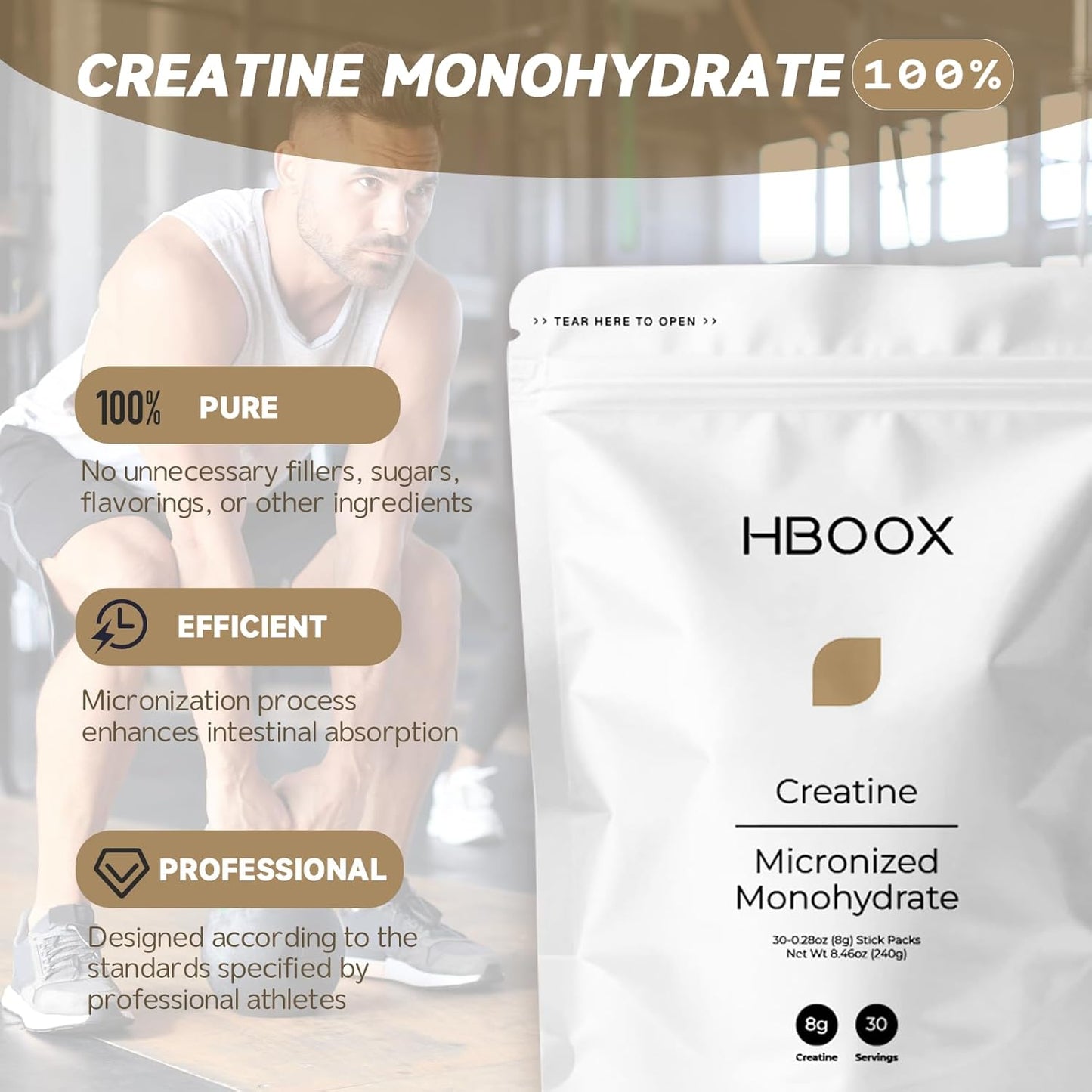HBOOX Micronized Creatine Monohydrate Powder - 30 Individual Stick Packs - High Absorbency Muscle Growth & Recovery Formula (8g per serving)