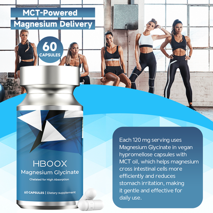 HBOOX Magnesium Glycinate 60 Capsules - High Absorption Chelated Magnesium for Sleep, Muscle Recovery & Stress Relief