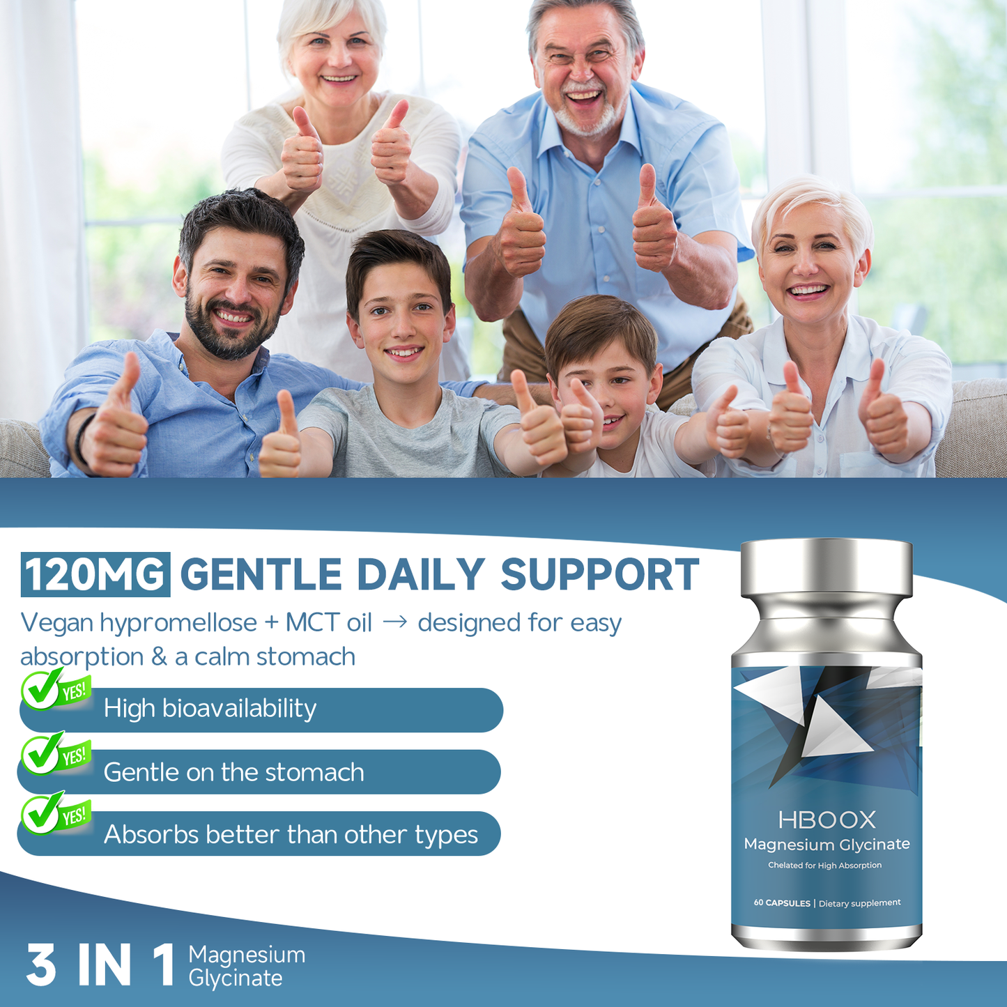 HBOOX Magnesium Glycinate 60 Capsules - High Absorption Chelated Magnesium for Sleep, Muscle Recovery & Stress Relief