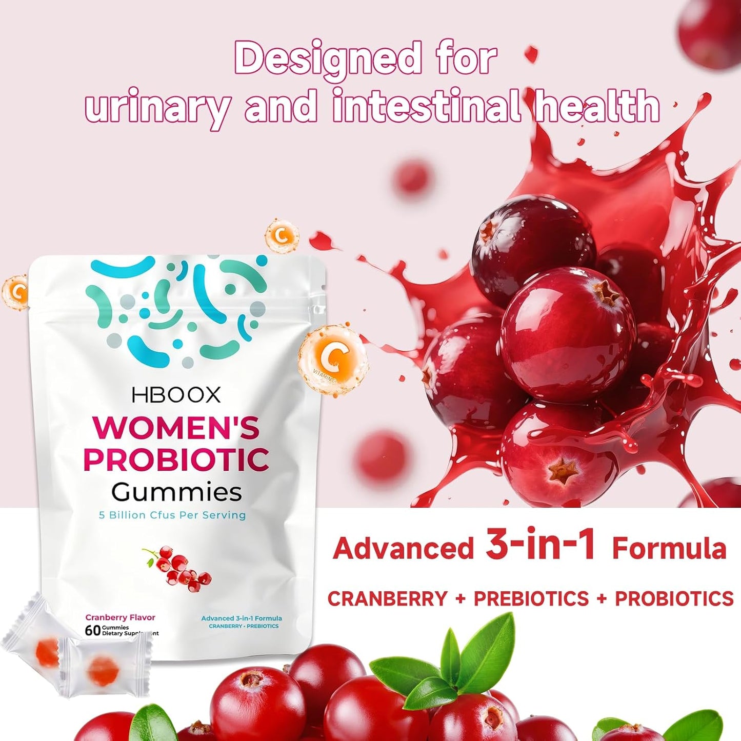 Women's Probiotic Gummies, Cranberry Flavor, 60 Count, with 5 Billion CFUs, Feminine Balance Support for pH, Yeast & Flora Health