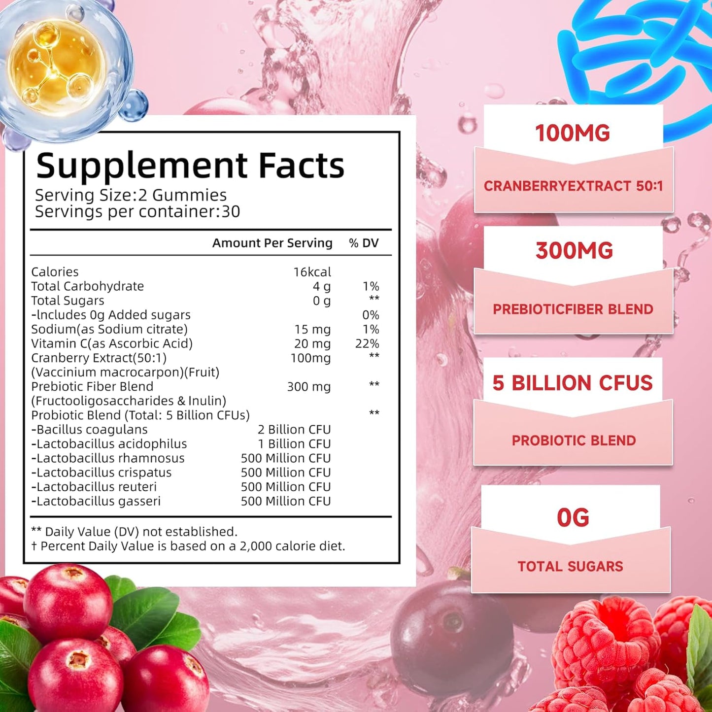 Women's Probiotic Gummies, Cranberry Flavor, 60 Count, with 5 Billion CFUs, Feminine Balance Support for pH, Yeast & Flora Health