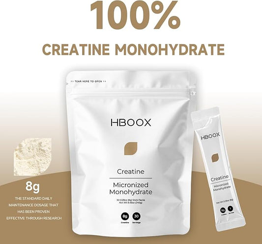 HBOOX Micronized Creatine Monohydrate Powder - 30 Individual Stick Packs - High Absorbency Muscle Growth & Recovery Formula (8g per serving)